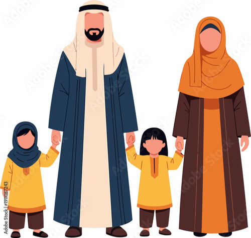 Muslim family holding hands together.