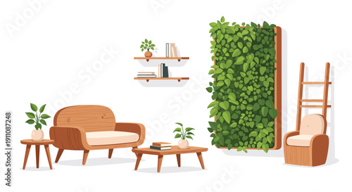 A wooden armchair, coffee table, shelves, and a ladder are set beside a vibrant vertical plant wall.