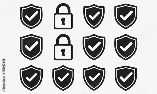 Security shield icon  Shield check mark symbols. Protection and padlock logotypes. Vector illustration