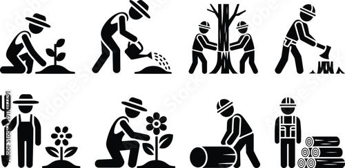 Illustrations of various gardening and construction activities