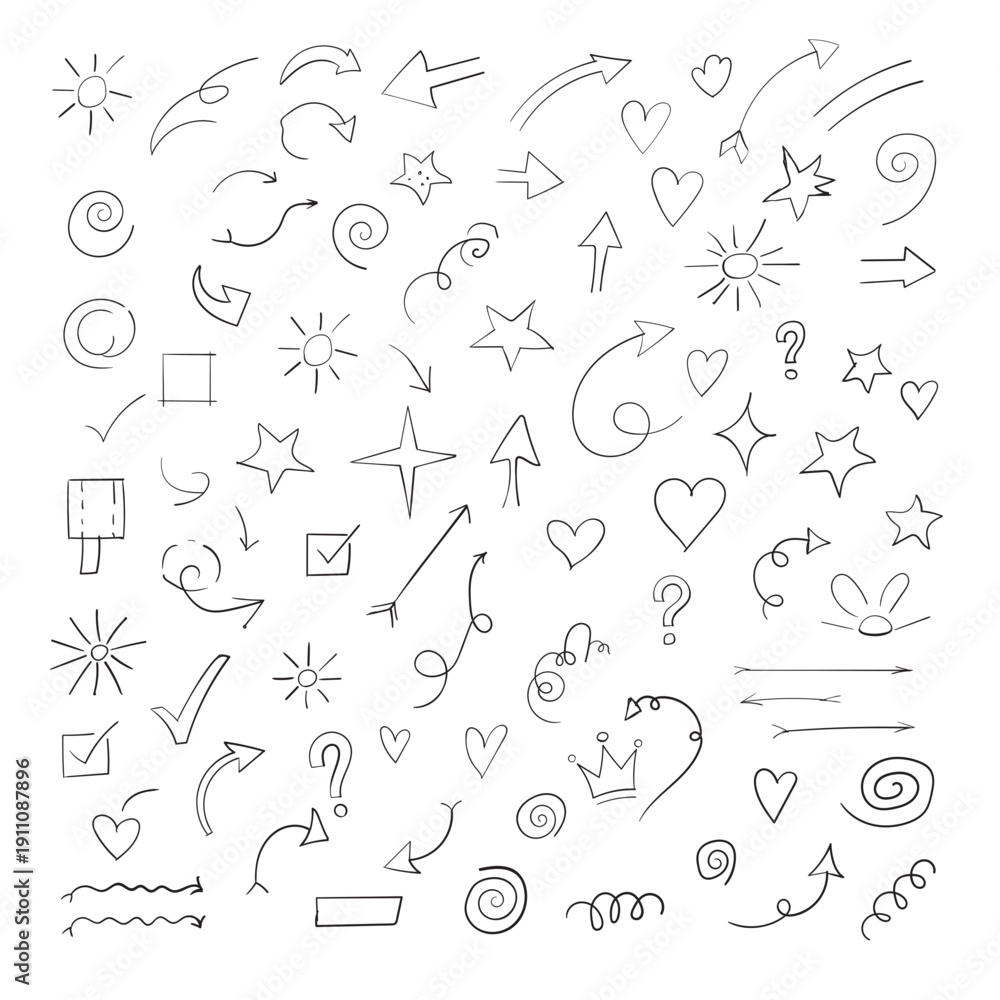 Fototapeta premium Hand Drawn Doodle Arrow and Symbol Set on Grid Paper Background