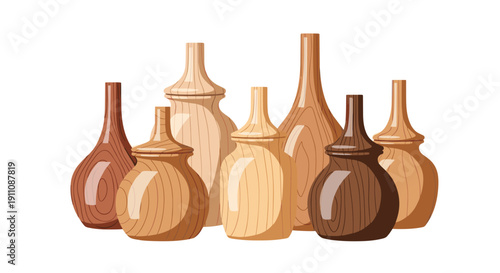 A varied collection of wooden decorative vases and bottles showcases diverse shapes and natural wood grain textures.