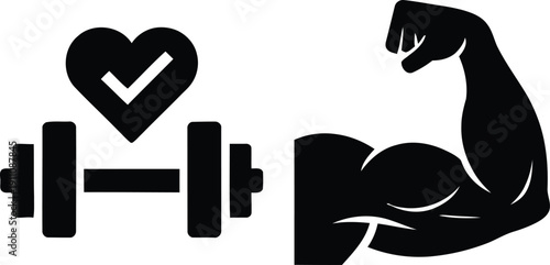 Illustration of a muscular arm lifting weights with a heart and checkmark symbolizing health.