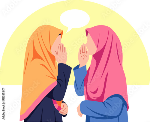 Muslim women in hijab whispering gossiping secret.