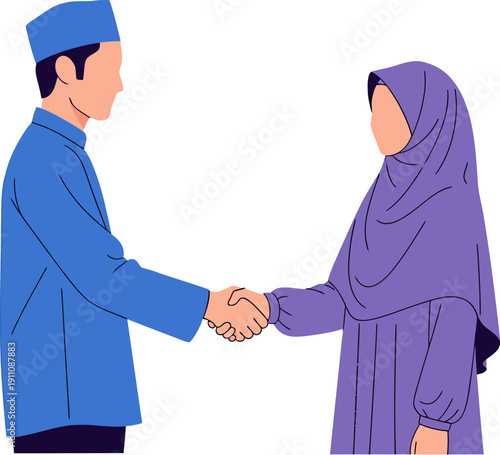 Muslim man and woman shaking hands Islamic greeting respect.