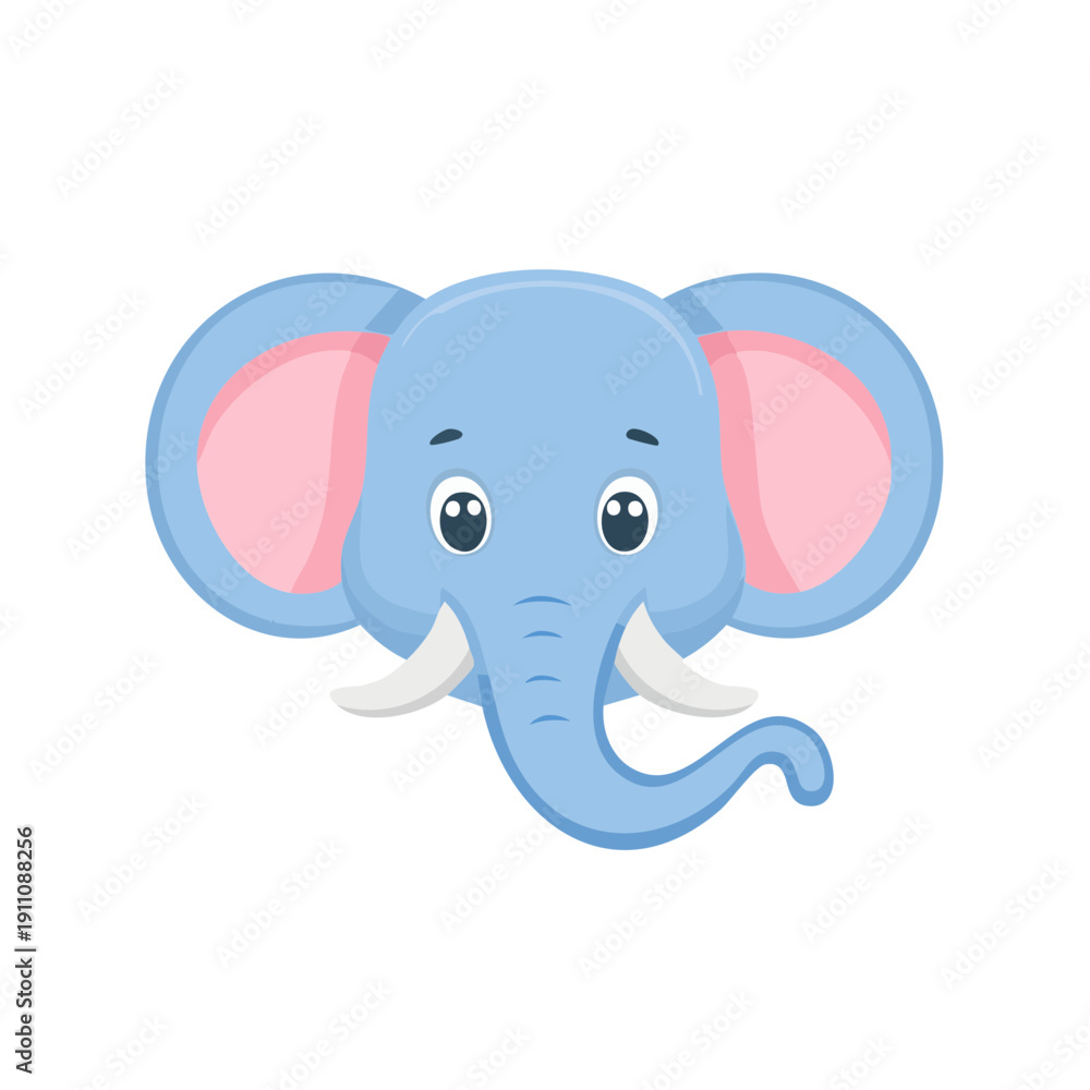 Fototapeta premium An adorable cartoon elephant with big eyes and big ears, trunk facing down