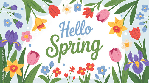 Colorful spring flowers and leaves with hello spring text on white background