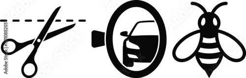 A bee, scissors, and a magnifying glass with a paintbrush symbol in the center