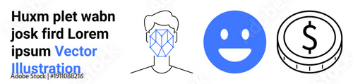 Facial recognition, digital identity, user feedback, facial analysis, transactions, data usage. Design showing face scan, happy icon and currency symbol. Facial recognition and digital identity