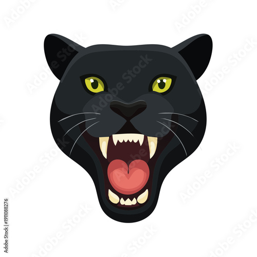 The fearsome head of a black panther with bared teeth and an open mouth. Its intense yellow eyes gaze directly at the viewer