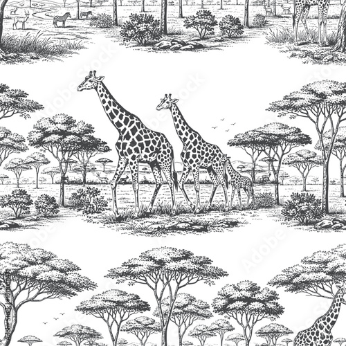 Giraffes in the savannah, a vector seamless pattern in the Toile de Jouy style. Line art design for fabric and wallpaper. Luxurious print of African nature and landscape.