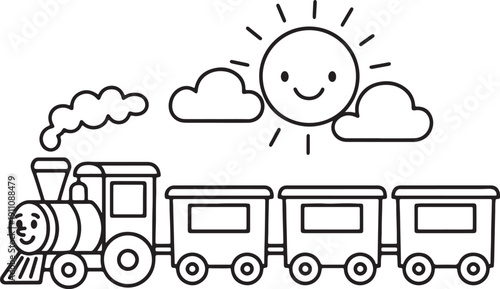 A smiling sun and clouds above a black and white cartoon train with three carriages also transparent background
