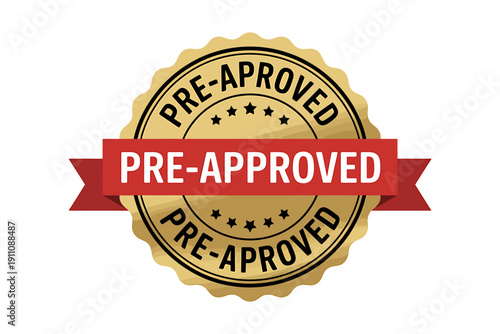Golden pre approved stamp with red banner and white text on white background