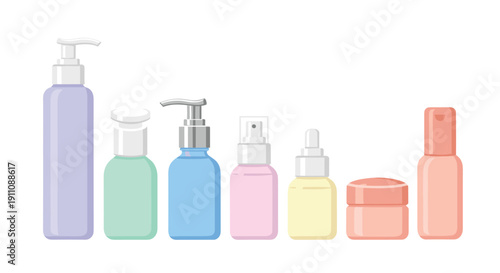 Row of various cosmetic and skincare bottles and jars in different sizes and colors standing on a white background.