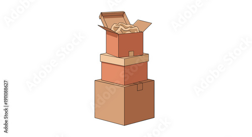 Three brown cardboard shipping boxes stacked vertically with the top box open and filled with crumpled packing paper.
