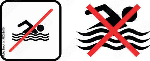 Two black and red no swimming signs with wavy water also transparent background prohibition forbidden
