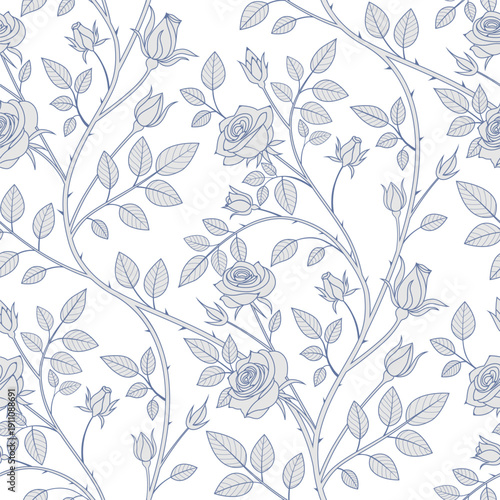 A seamless pattern tile featuring a stylized romantic rose bush with soft gray blooms, delicate leaves, and curving stems. Airy white space, clean flat vector style in pastels colors