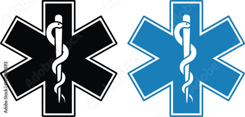 Two medical symbols with caduceus and staff of asclepius in black and blue