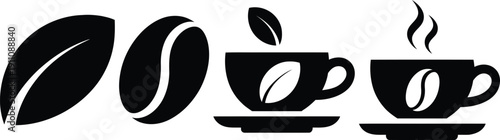 A stylized depiction of coffee beans and cups of coffee with steam