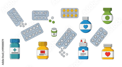 Assortment of various medicine bottles and blister packs with colorful pills scattered on a white background.