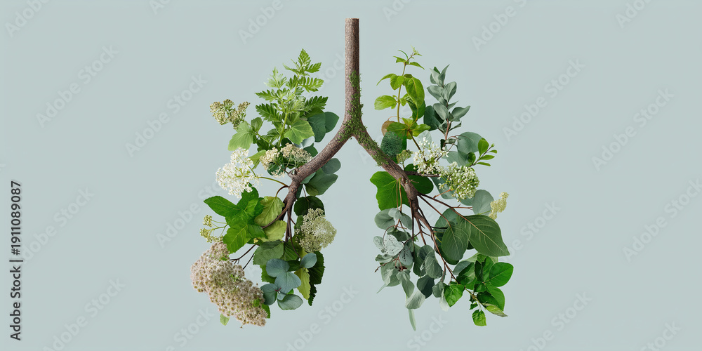 custom made wallpaper toronto digitalA creative representation of human lungs formed from a branch with various green leaves and small white flowers.
