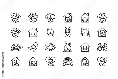 Collection of simple black and white line icons depicting various pets and related items
