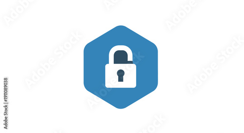 Unlocked Padlock Icon on Blue Hexagon.