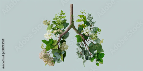 A creative representation of human lungs formed from a branch with various green leaves and small white flowers.