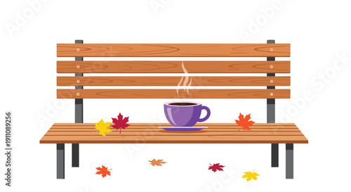 A steaming purple coffee cup sits on a wooden park bench among colorful autumn leaves, with more leaves scattered below.