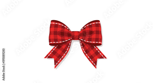 A classic red and white plaid fabric bow with distinct white stitching, tied in a symmetrical, decorative knot.