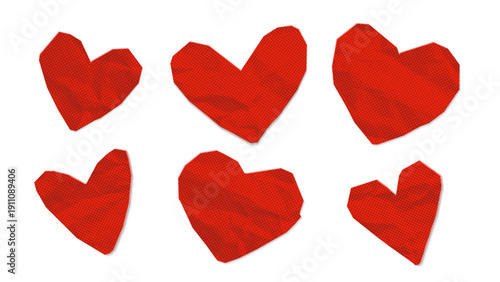 Paper cut red hearts set. Rough angular shapes with crumpled texture. Vector collage elements. Halftone pop art illustration for stickers and Valentine cards.