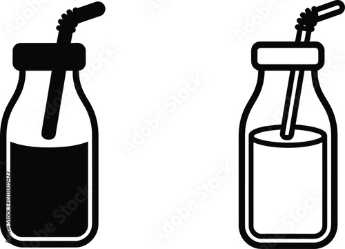 Two bottles with straws, one filled with a dark liquid and the other with a light liquid.