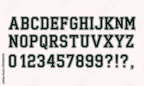 Athletic Varsity College Font Alphabet and Numbers Set with Outline