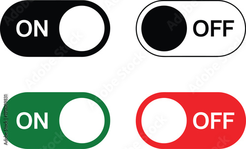Four distinct switch designs illustrating on and off positions in various colors