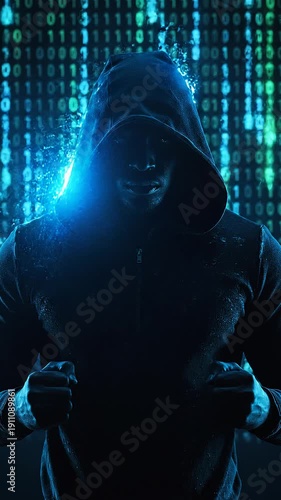 Hacker in hoodie accessing data on digital screen in dark