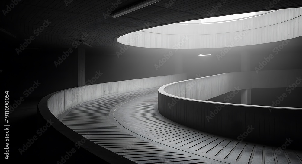 Obraz premium Abstract spiral ramp with dramatic lighting creating a sense of depth and motion in architectural photography