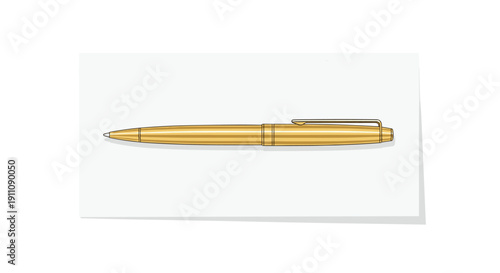 A single elegant gold ballpoint pen lies horizontally on a rectangular white paper-like surface with shadow.