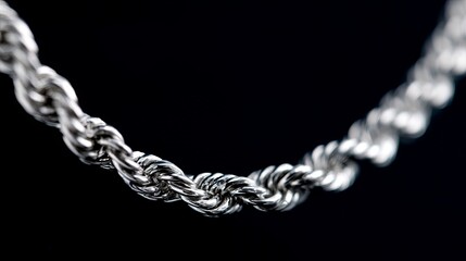 A close-up view of a silver chain on a black background