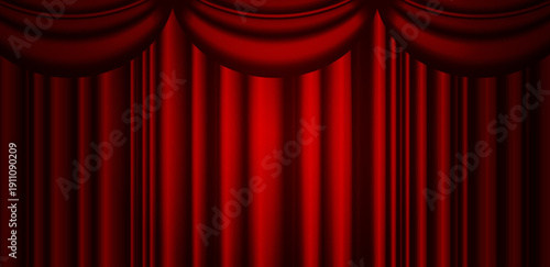 Luxurious red velvet curtain with glowing round spotlight on stage, classic theater and opera background, vector silk backdrop for film awards and Broadway‑style events