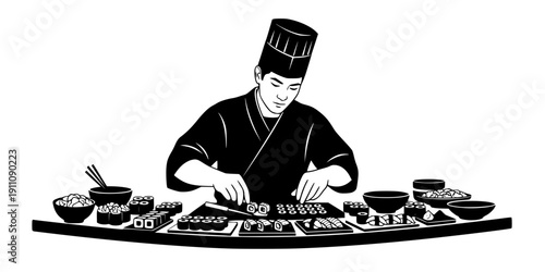 10. Sushi Chef at Counter Silhouette Vector