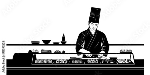 10. Sushi Chef at Counter Silhouette Vector