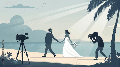 Romantic beach wedding with videographer capturing moments