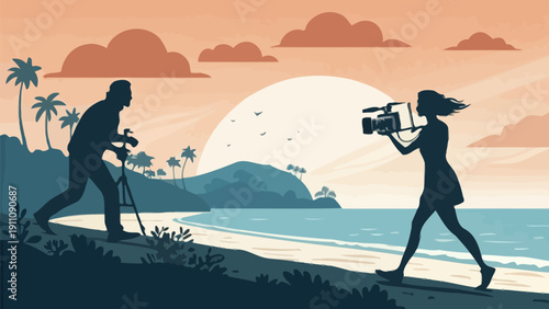 Filmmakers capturing stunning beach sunset with camera and tripod