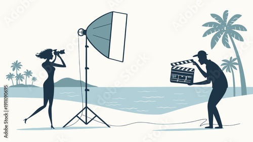 Film crew capturing stunning beach scene with beautiful lighting setup