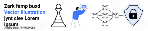 Chess pawn, figure presenting video, blockchain network, and shield lock symbol. Ideal for technology, strategy, cybersecurity, blockchain apps, data protection education simple landing page