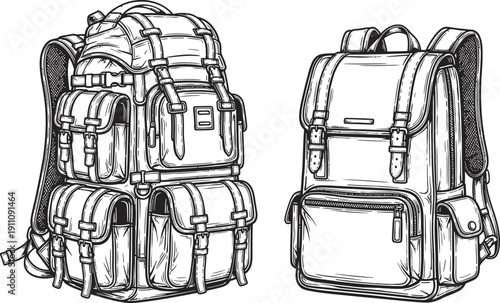 Two vintage backpacks in a detailed hand-drawn illustration style