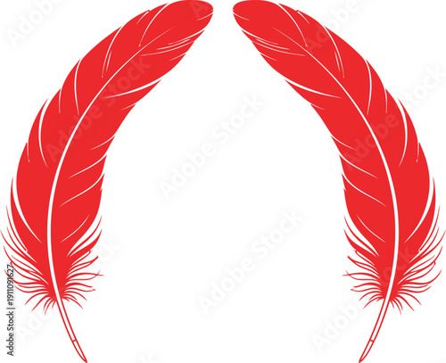 Pair of vibrant red feathers gracefully arranged in an elegant arch, symbolizing lightness and artistic design