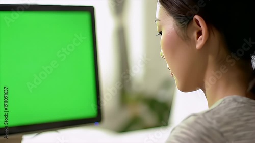 Woman Working on Computer with Green Screen.