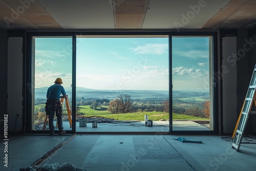 Builders installing large panoramic windows in building