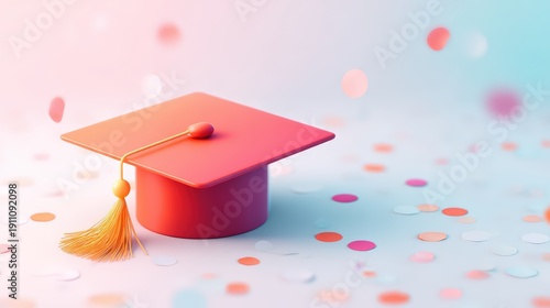 A vibrant graduation cap with a tassel surrounded by colorful confetti, symbolizing celebration and achievement.